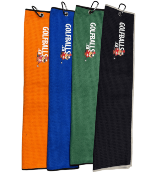 golfballs.ca branded towels in orange blue green and black on white background